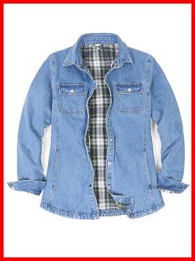 Flannel Lined Denim Shirt Jacket Snap Button Utility Pockets